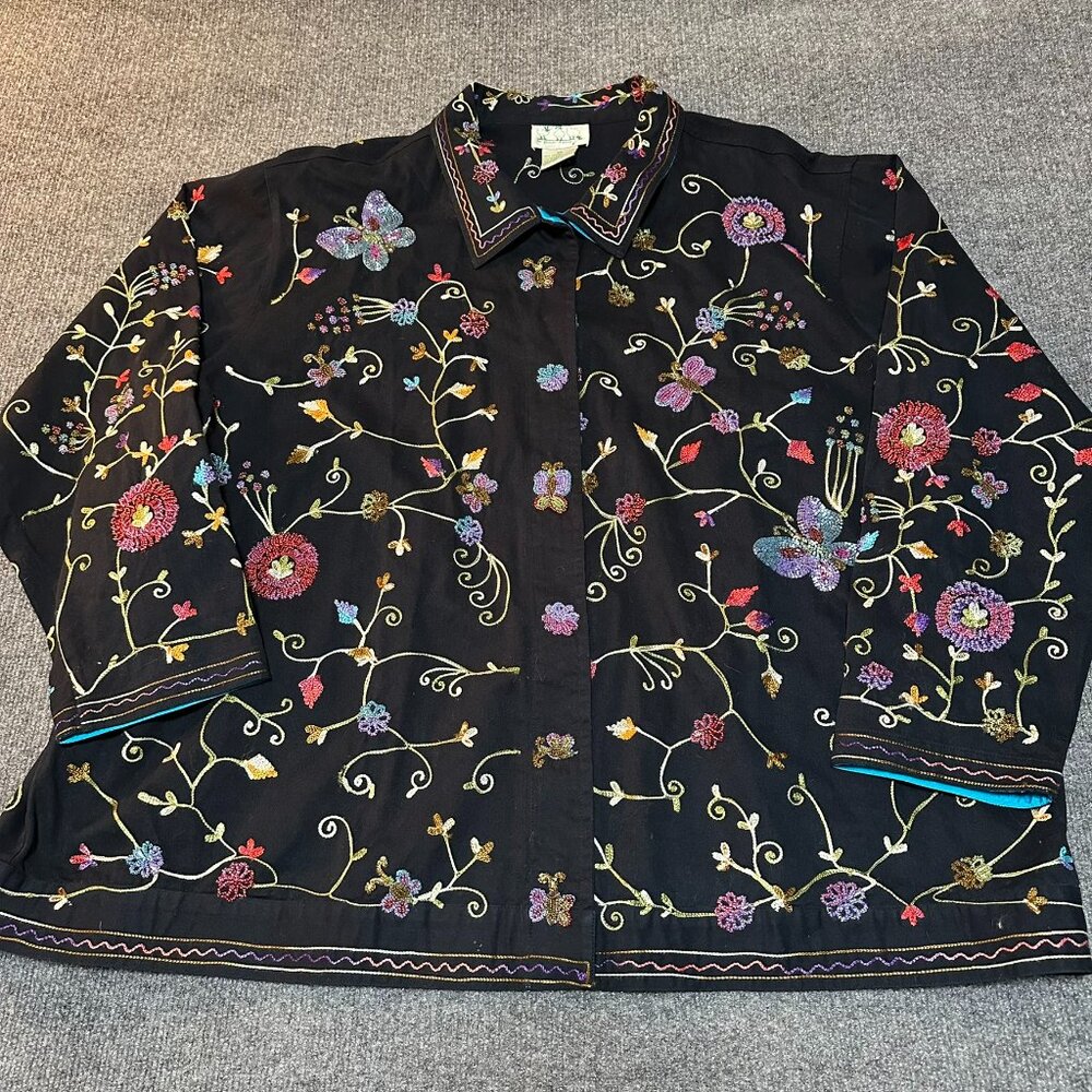 The Quacker Factory Beaded‎ Embroidered Butterfly Floral Black Shirt Jacket 3XL